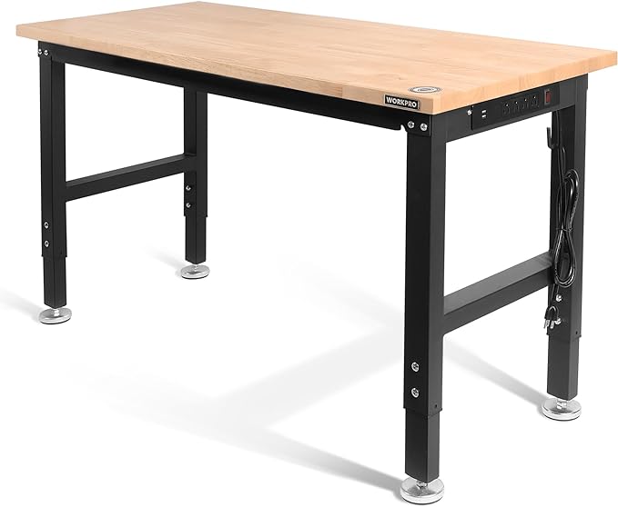 WORKPRO 48" Adjustable Workbench, Rubber Wood Top Heavy-Duty Workstation, 2000 LBS Load Capacity Hardwood Worktable with Power Outlets, for Workshop, Garage, Pack of 2
