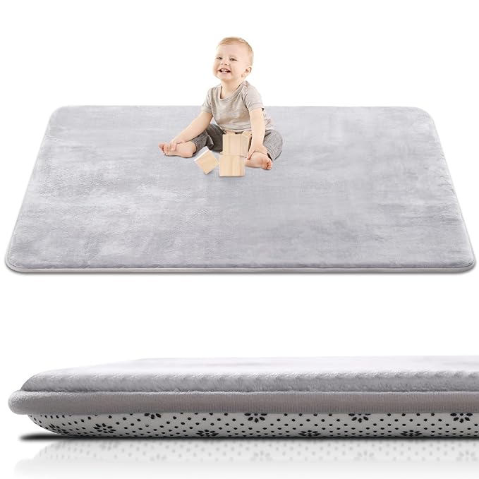Large Thick Baby Play Mat for Floor,Padded 79x118 Foam Mat,Tummy Time Mats,Soft Support&Plush Feel Nursery Rug,Non Slip for Toddler,Infants,Kids Play,Yoga,Baby Crawling Mats (Light Grey)