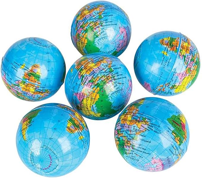 The Dreidel Company World Globe Squeeze Ball Bunch Stress Ball, Planet Soft Foam Stress & Anxiety Relief Toy, Planet Earth, 3" Inches - (Pack of 12)
