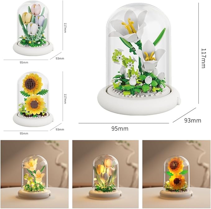 Botanical Flower Micro Blocks Set for Adults and Teens,600 PCS Mini Bricks Artificial Flowers with Light for Birthday and Gift, Lily, Sunflower and Tulip