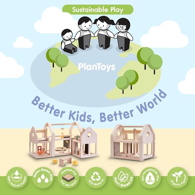 PlanToys Slide and Go Dollhouse - Chemical-Free Wooden Toy Featuring 3 Units with 20 Furniture Pieces