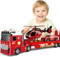 Kids Toys for Ages 3 4 5 6 7 8 Years Old Boys, 25" Large Fire Semi Truck with Helicopter & Race Car, Friction Powered Vehicle with Lights & Sounds,Birthday Gift for Boys Girls
