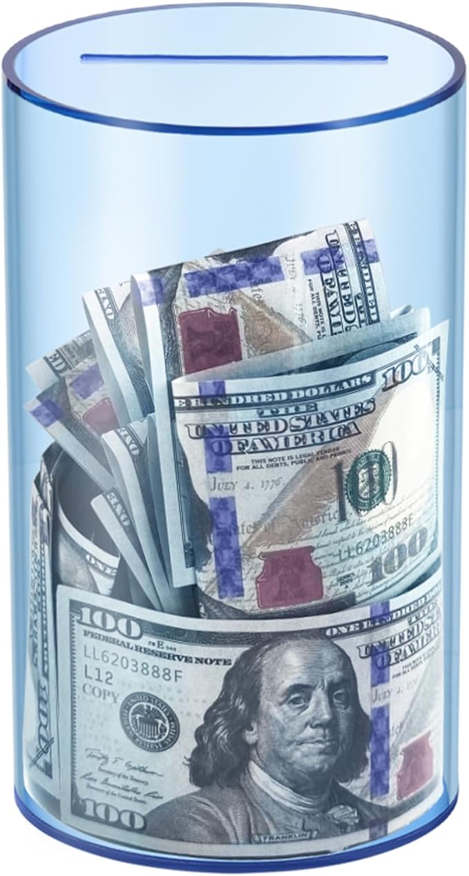 Clear Piggy Bank for Adults/Kids, Acrylic Unopenable Money Box for Cash Coin Saving, Must Break to Open, Money Saving Jar for Adults Boys Girls, Size 8" H x 5" Diameter(Blue)