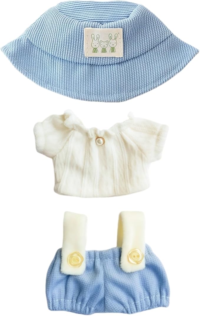 Clothes for Dolls Accessories (No Doll), Cute Outfit Set 3 Pieces Bib Pants Suitable for 15 & 17cm Doll Suit, Stylish Dress Up Overalls Doll Clothing Set Replacement with Hat Clothes Blue