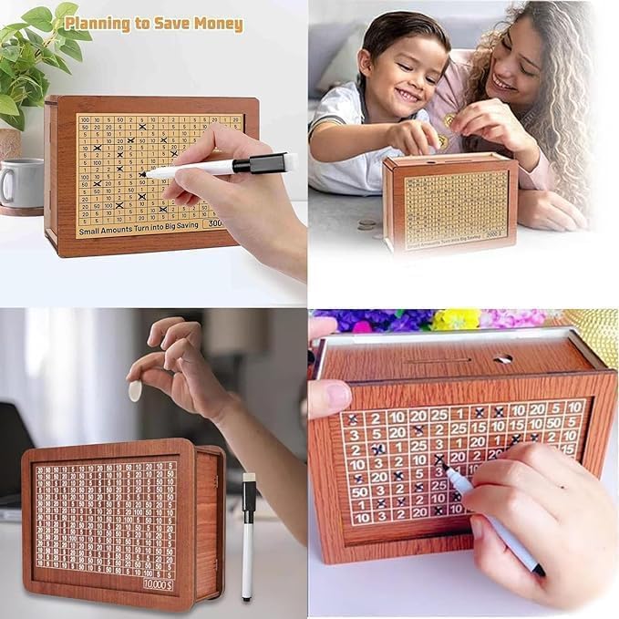 Wooden Coin Bank Money Saving Box, Cash Vault Wooden Savings Box, Wooden Digital Piggy Bank with Counting Target, Money Vault Savings for Boys and Girls (3000 Savings Challenge Box)