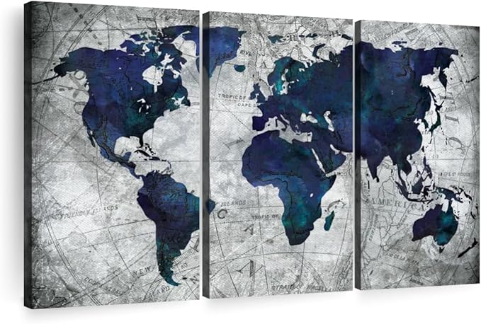 ElephantStock Deep Blue World Map Multi Piece Canvas - 3 Panel Wall Decor - Map of the World Art - Canvas for the Office and Home - 57" X 36"