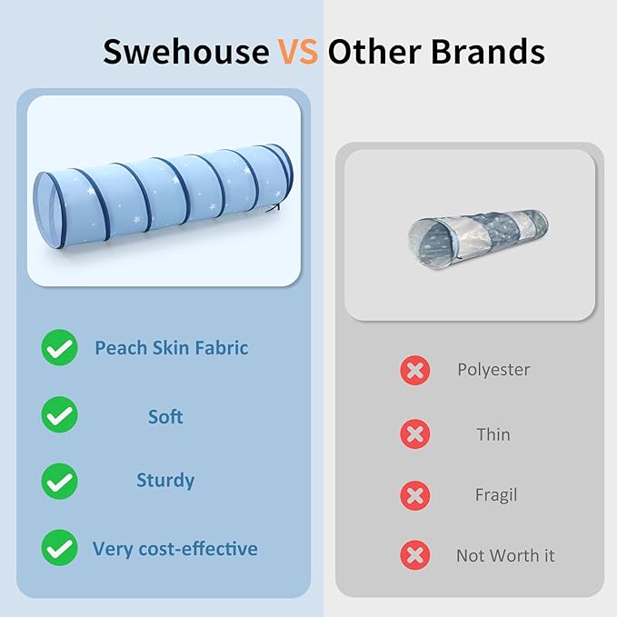 SweHouse Peachskin Fabric Tunnel for Toddlers: 69" x 18" Baby Crawl Tunnel - Indoor & Outdoor Toys for Toddlers - Birthday Gift for Boys & Girls - Obstacle Training for Dogs