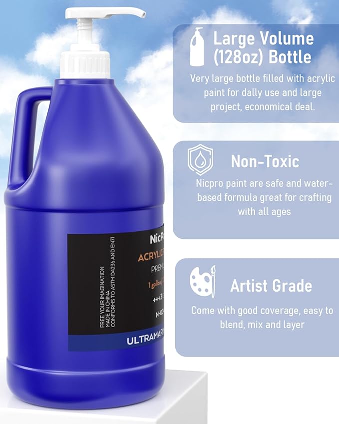 Nicpro 6 Colors Large Bulk Acrylic Paint Set (128 oz, 1 Gallon) Rich Art Painting Supplies Non Toxic for Multi Surface, Canvas, Wood, Leather, Fabric Stone Craft for Kid & Adult with Pump, Color wheel