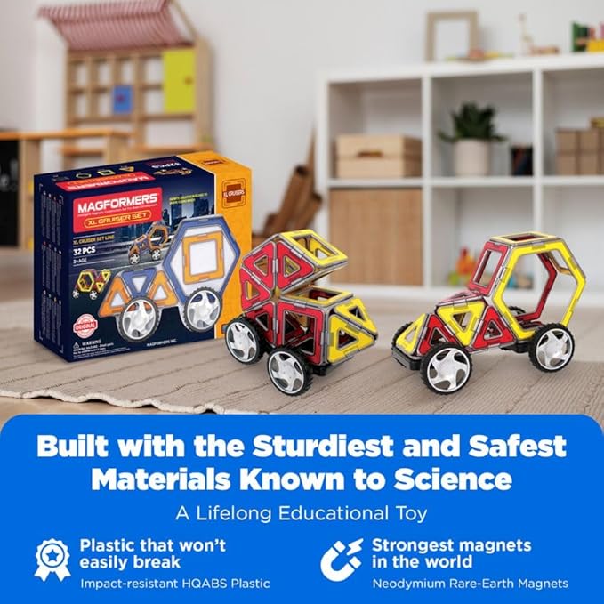 Magformers XL Cruisers Set (32-pieces) Magnetic Building Blocks, Educational Magnetic Tiles Kit , Magnetic Construction STEM Toy Set includes wheels
