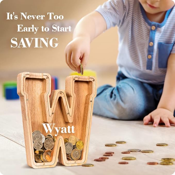 Summidate Customized Name Large Wooden Piggy Bank for Kids Boys Girls Alphabets Letter A-Z Coins Bills Money Change Bank Box Initial on Clear Cover (Laser Engraved) (Alphabet-T, Personalized-9")