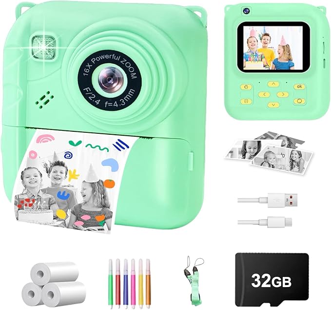 Instant Print Camera for Kids, 1080P Video Camera with 3 Print Rolls, 32GB Card & Cute Cover, Gift for Girls Boys Age 3-12, Toddler Digital Camera with Games, Filters, Music – Green