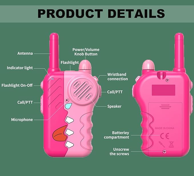 Pink Walkie Talkies for Girls 2 Pack, 2200m Long Range Indoor and Outdoor Kids Intercom, Built-in Flashlight, Girls Birthday Gifts, Outdoor Play, Family Games(Pink)