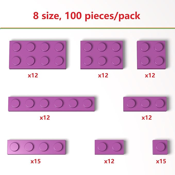 100 Pieces Classic Building Plate Assortment Pack, 8 Sizes Small Baseplates Multipacks, Compatible with Lego Parts and Pieces, Small Plate for Building(Color:Pink)