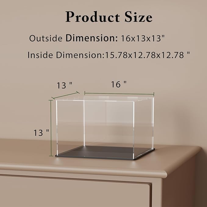 SVENJBB Large Display Case for Collectibles, 16x13x13 Inch Acrylic Box for Miniature House and Figures, Clear Acrylic Display Cases with Matte Black Base for Collection Protection and Storage