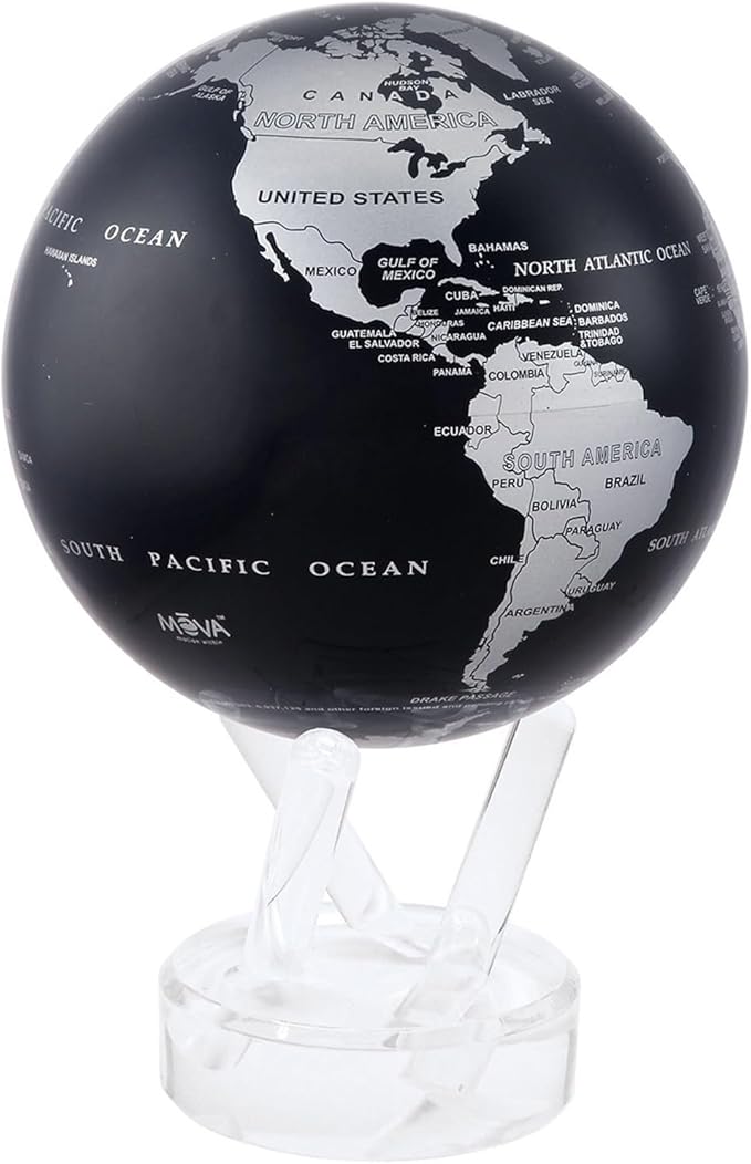 MOVA Globe – Metallic Black and Silver 4.5” | Solar-Powered Rotating Desk Globe with Minimalist Map Design | No Batteries or Cords | Modern Decor Gift
