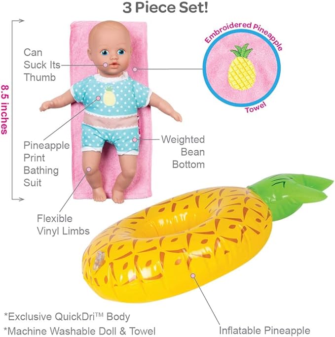 Adora Splash Time Babies Collection, 8.5” Baby Doll w/ Sweet Baby Smell, Made in Premium QuickDri Vinyl & Machine Washable, Includes Clothes & Accessories, Birthday Gift For Ages 3+ - Sweet Pineapple
