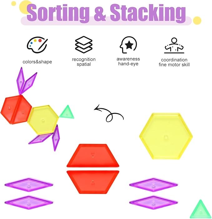 188 Pcs Translucent Plastic Pattern Blocks Set, Light Table Manipulative for Shape Recognition, Fun Geometric Shapes Tangram Puzzle with Storage Box