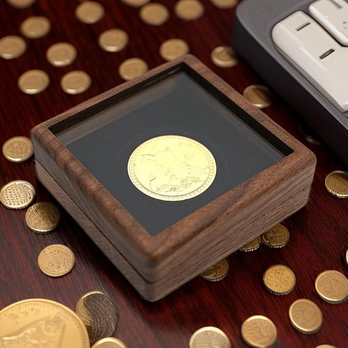 Walnut Wood Coin Display Case, Challenge Coin Holder, Acrylic Clear Cover, Compatible with Coins Measuring 17/20/25/27/30/35/40/46mm in Diameter and Less Than 3mm in Thickness