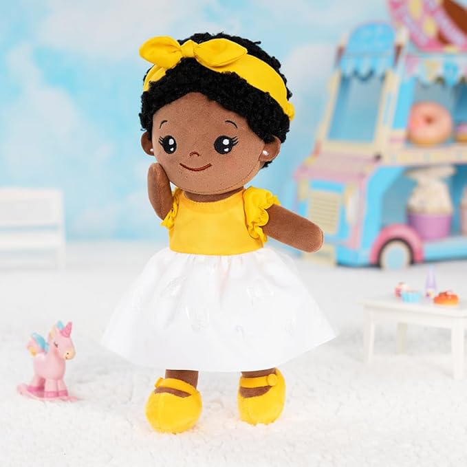 OUOZZZ 12" Soft Black Baby Doll Toys for 1 + Year Old Girl Gifts, African American Baby Dolls Birthday Gifts for 1 Year Old Girl Christmas Plush Toys Gift for Toddler Kids Yellow Bow-tie