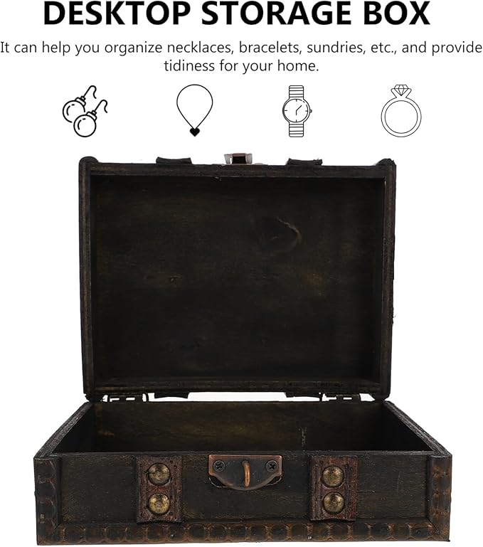 Veemoon Vintage Small Wooden Lock Box Antique Storage Case Retro Jewelry Chest Craft Collection Organizer Pirate Treasure Chest for Jewelry Cosmetics Photography Props