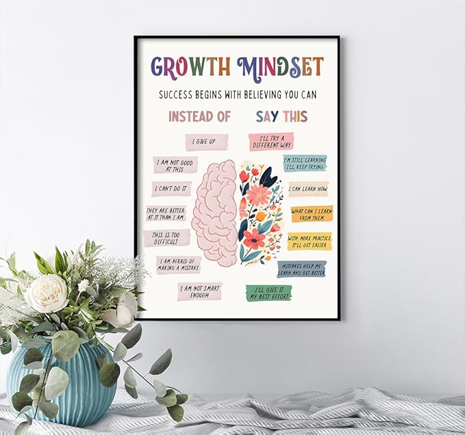 uoyien Growth Mindset Mental Health Posters Classroom Counseling Room Therapy Wall Decor Affirmations Quotes Canvas Wall Art Kids Special Educational Brain Neurodiversity Prints 16x22in Metal Framed
