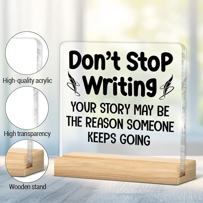 Writer Gifts for Women Men, Inspirational Gifts for Writers Authors Novelist, Acrylic Plaque Sign with Wooden Stand Home Office Decor