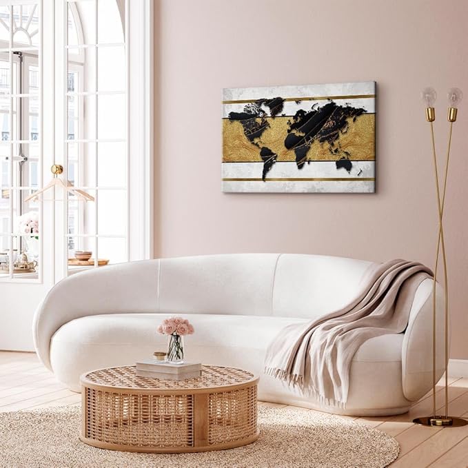 artgeist Canvas Wall Art Print World Map 24x16 in - 1pcs Home Decor Framed Stretched Picture Photo Painting Artwork Image - Map Continent Black White k-A-0515-b-a