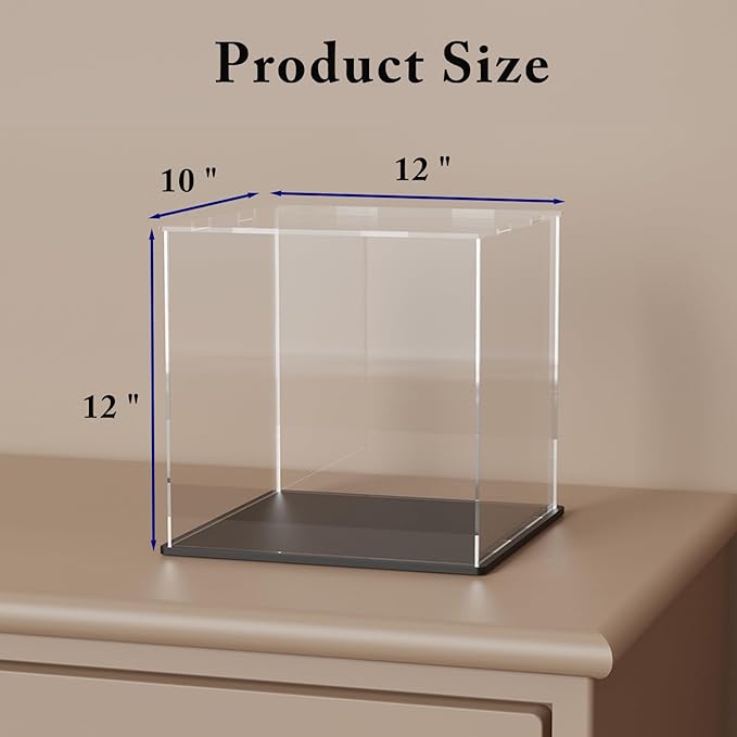 SVENJBB Acrylic Display Case, 12x10x12 Inch Cube Acrylic Boxes for Display, Clear Display Cases with Matte Black Base and Lid for Collectibles and DIY Crafts House Kit