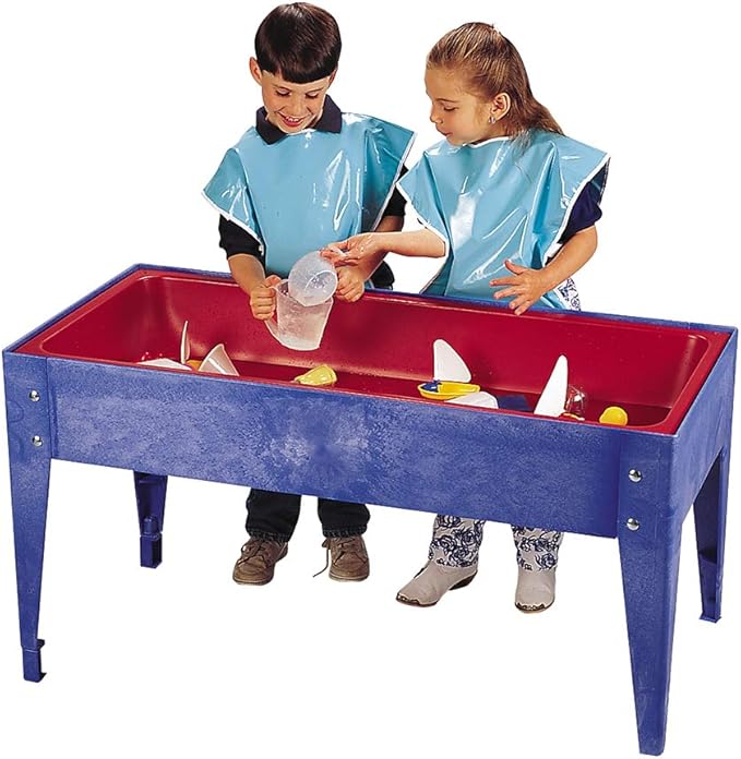 Constructive Playthings Indoor/Outdoor Sand and Water Activity Table for Kids Ages 1-3, Classroom Play Table with Dry-Erase Top and 2 Side Trays, Blue/Red, 18" H