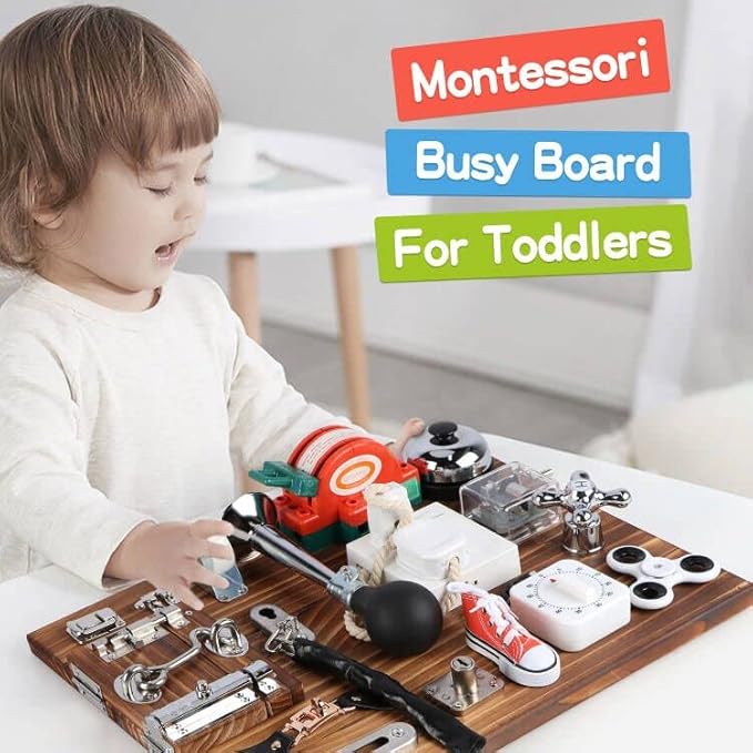 20-in-1 Busy Board for Toddlers - Travel Toy Activity Board for Fine Motor Skills - Toys for 3 Years Old Kids With Switch, Locks, Shoe Laces, Music Box
