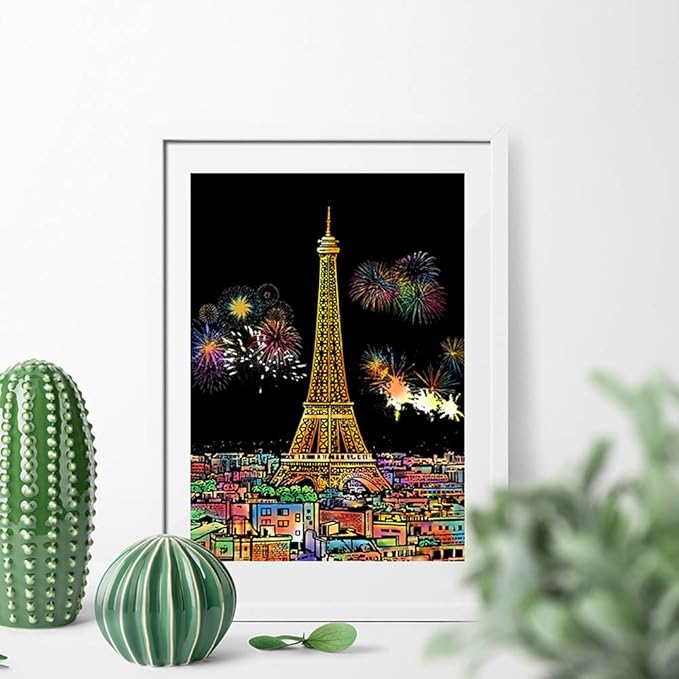 Rainbow Scratch Art Painting Paper (A4) for Adult & Kids, Night View Scratchboard, Engraving Art Set: 4 Sheets Scratch Cards & Clean Brush, Drawing Pen (Eiffel Tower/Big Ben/Moscow/Burj Khalifa)