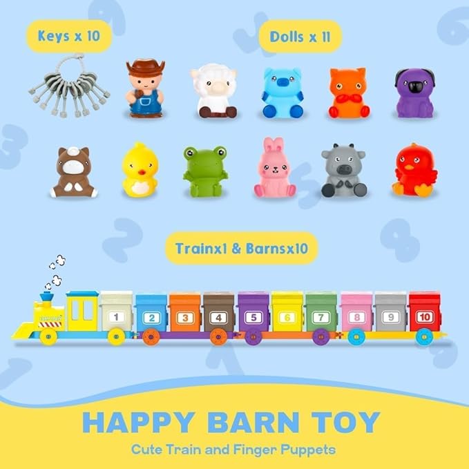 Farm Animals Train with 11 Finger Puppets, 10 Barns with Keys, Counting, Matching, Sorting Montessori Learning Toy for Toddlers 1 2 3 4 Years Old, Educational Birthday Gift for Boys Girls Kids, 36PCS