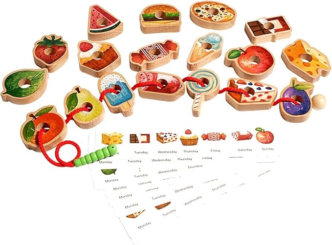Threa Ding Toys, 2025 New Upgrade Wooden Greedy Cater Pillar Ropeoy, Lacing Beads Wooden2.5in Fruit & Vegetable Toys with Rope, Montessori Fine Motor Skills Farm, Bag for 3+ Year Old