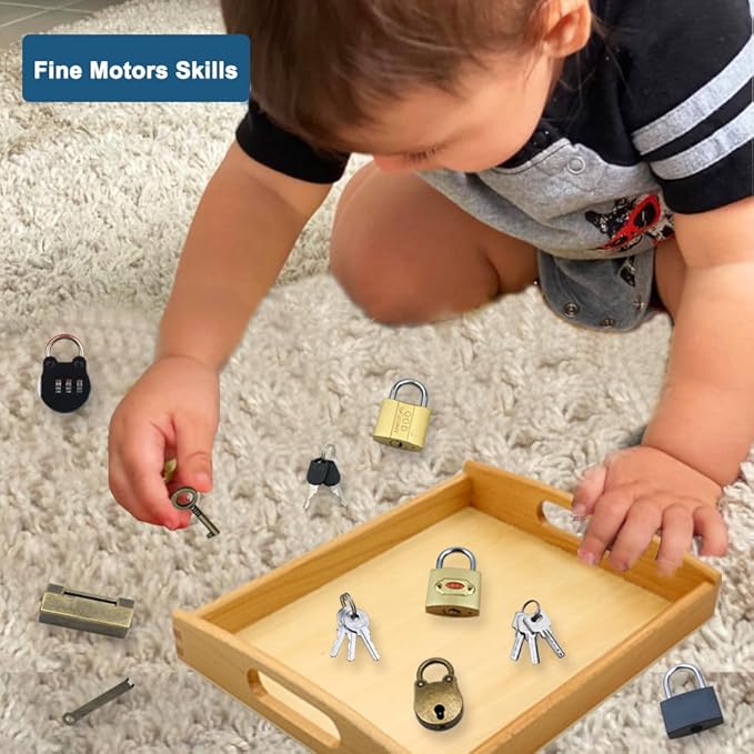 Montessori Lock and Key Toy Set for Toddlers, Montessori Elementary Materials Educational STEM Toy Matching Games Lock Set with Wooden Tray for 3 4 5 Year Old Kids
