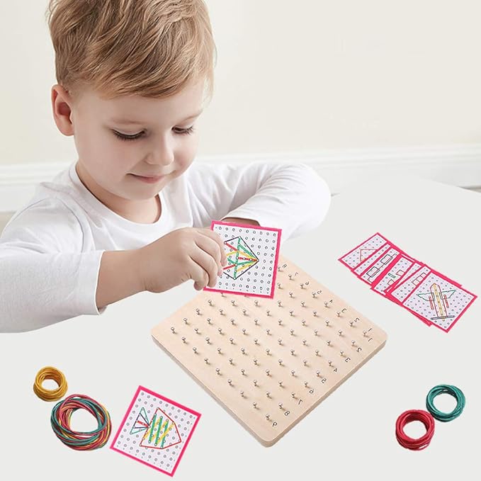 Skrtuan Wooden Geoboard with Pattern Cards & Rubber Bands, Montessori STEM Educational Toy for Kids 3-5 5-8 Years Old, Brain Teaser Puzzle Game for Geometry Learning and Creative Shapes