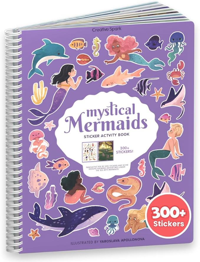 CUPKIN Mermaid Stickers, Toddler Sticker Book for Kids, Fun Toy, Toddler Road Trip Essentials, 300+ Girly Stickers + 8 Sticker Scenes and Coloring Pages, Mermaid Stickers Ages 2+