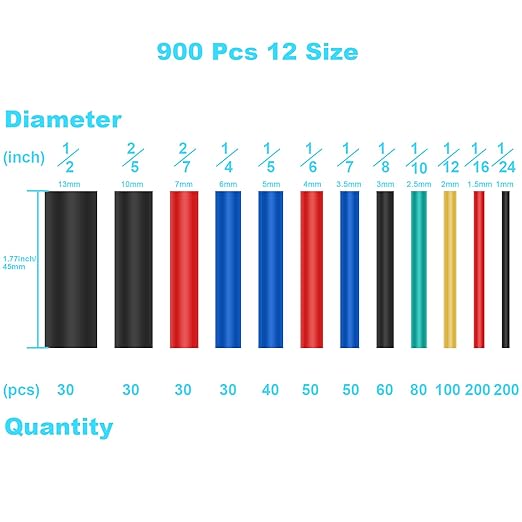 900 Pcs Wire Heat Shrink Tubing Kit, Industrial Heat-Shrink Tubing for Wires, 2:1 Marine Grade Heat Shrink Wrap, Premium Large Electrical Waterproof Heat Shrink Tape,12 Sizes 6Colored Assorted, DHOOZ