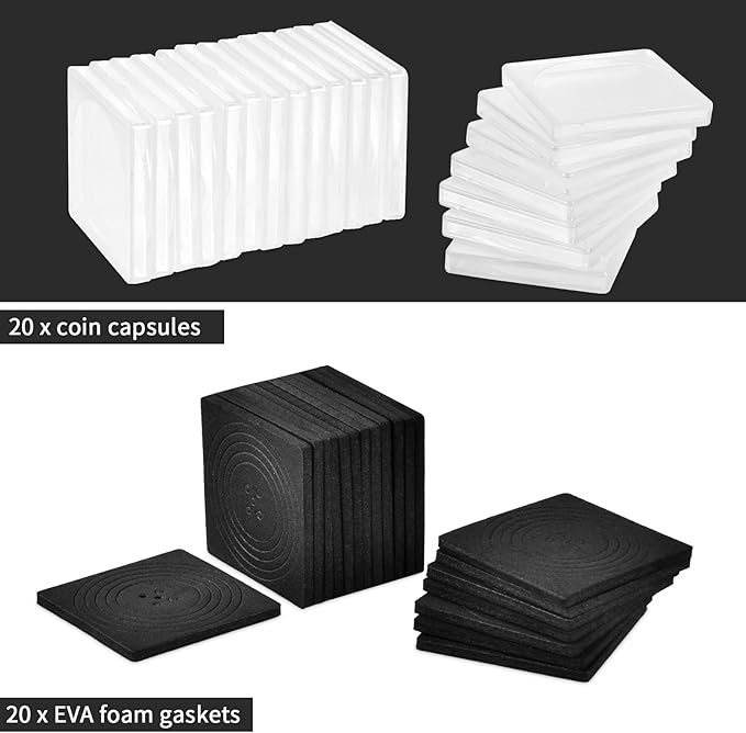 Coin Snap Holders, 20 Pieces Silver Dollar Coin Holder, Coin Capsule Storage Box with 5 Size (20/25/30/35/40 mm) Adjustable Gaskets, Coins Collection Supplies for Collectors-(Black, 20 pcs)