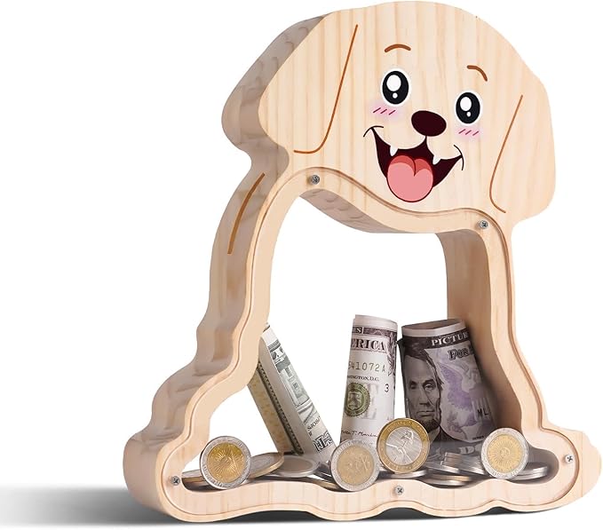 Wooden Dog Piggy Bank for Kids with Letter Stickers, Cute Labrador Large Money Box for Boys, Girls, Wooden Coin Bank, Piggy Money Jar Personalizable Gift, Educational Toy for Kids
