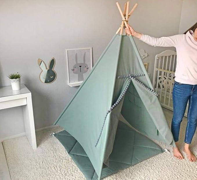 Kids Teepee Tent with White Pom Pom - Indoor Play Teepee for Children Boys Portable Play House (Green)