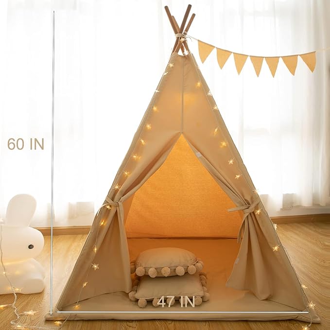 Teepee Tent for Kids-Portable Children Play Tent Indoor Outdoor (Apricot with Mat)