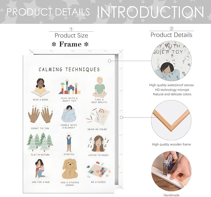 Feelings Calming Techniques Canvas Wall Art Calming Corner Classroom Mental health Posters Boho Emotions Chart for Kids Prints Special Education Wall Decor for Office School 20x30in Framed