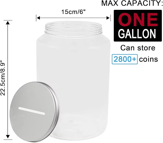 Large Clear Coin Bank Jar with Slotted Lid, 1 Gallon Plastic Money Tip Change Savings Coin Jar for Coin or Raffle Ticket, Big Clear Money Coin Tip Piggy Change Bank Box for Adults Teens