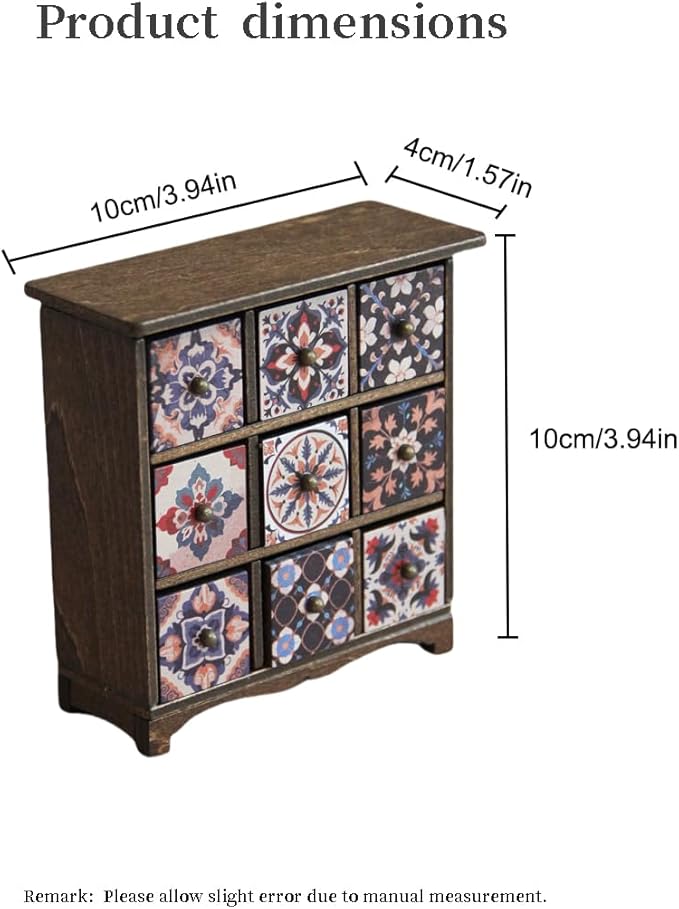 1:12 Scale Wooden Dollhouse Furniture Chest of Drawers 3x3 Grid 9-Drawer- Miniature Chest of Drawers with Hand-Painted Bohemian Persian Florals Gift for 3+ (Dark Brown)