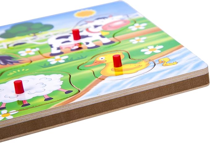 Farm Animals Sound Puzzle, Wooden Peg Puzzles with Sound for Toddlers and Preschoolers Ages 2yrs+, Kids Educational Learning Peg Puzzles Toy Gift (6pcs)