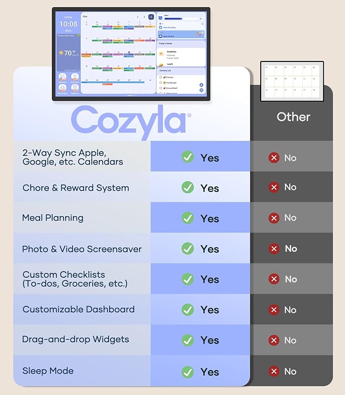 Cozyla Mate Digital Calendar+ 2: 32 Inch Wall Touch Screen Chore Chart Customize Dashboard Smart Electronic Calendar for Family Schedules Meal Planner Supports All Google Play Apps Wall Mount Black
