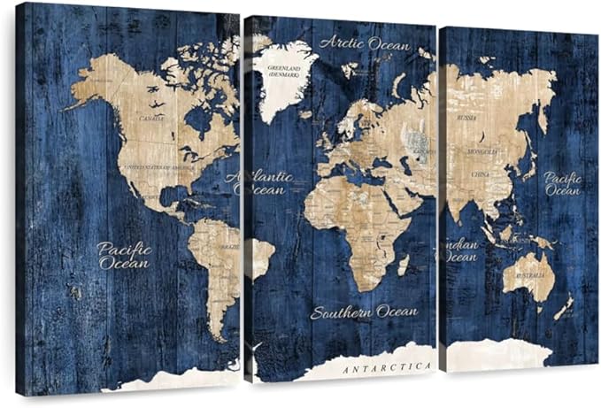 ElephantStock Aged Blue World Map II Canvas - 3 Panel Wall Decor - World Map Digital Art - Blue Wall Art - 45" X 28"