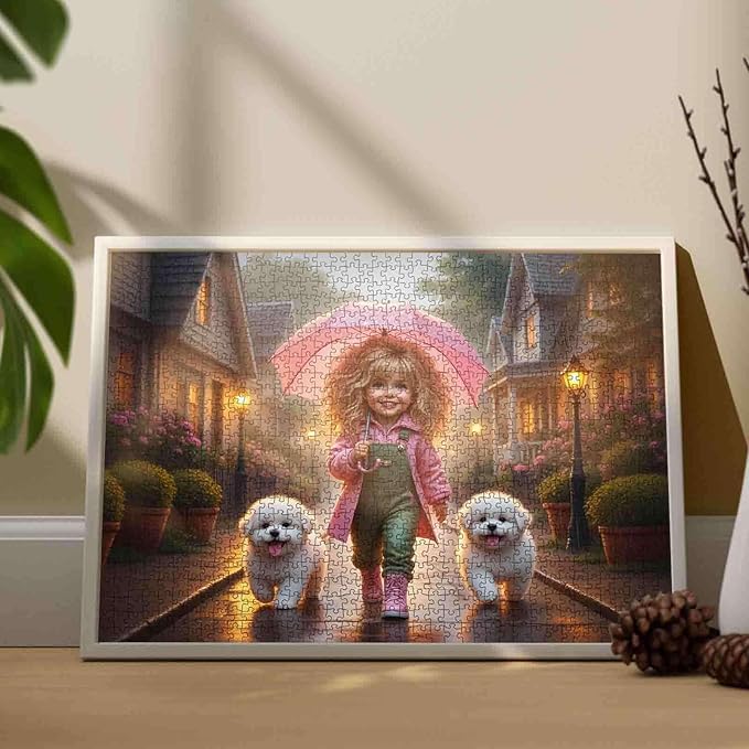 Tucocoo Little Girl 1000 Piece Jigsaw Puzzle for Adults, Cozy Rainy Street with Cute Puppies, Challenging and Relaxing Puzzle for Family, Teens – DIY Crafts Puzzles for Stress Relief, Home Decor Gift