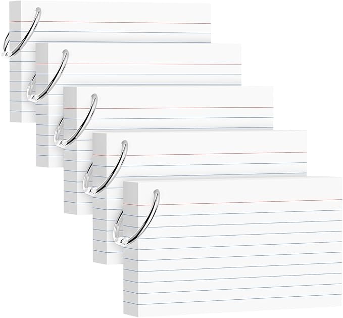 250 Count White Index Cards 3x5 Inch with Key Ring, 180gsm Heavyweight Flash Card (50 Sheets Each), Durable & Portable Note Taking for Students, Teachers, Study Note Cards for Office Home School