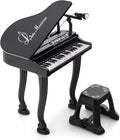 HONEY JOY Classical Kids Mini Grand Piano w/ Music Stand & Stool, Portable Electronic Piano Educational Musical Instrument Toy w/ Microphone, Lights, Gift for Kids (Black, 37 Keys)